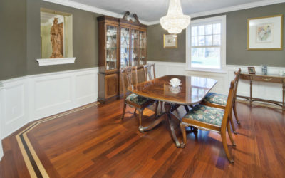Mahogany, Walnut, and maple wide plank floors in dining room